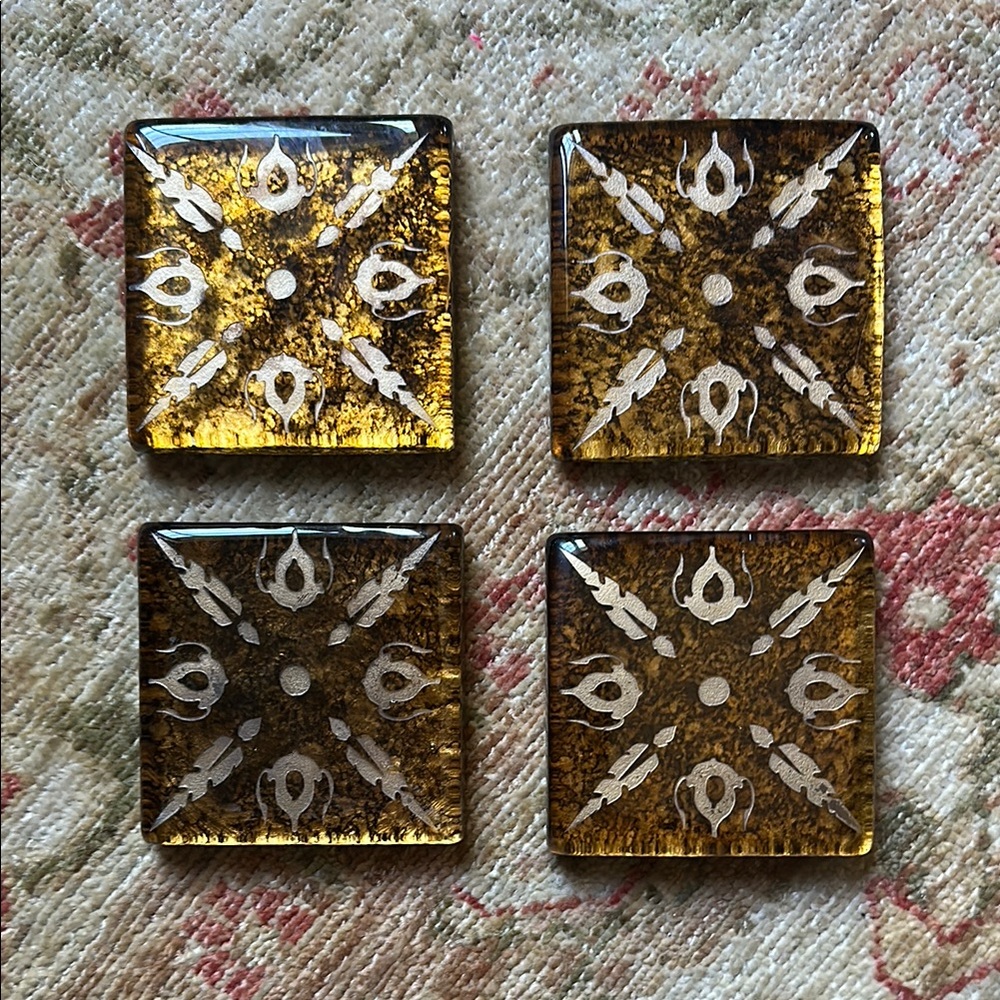 Set of Four Brown and Gold Decorative Coasters
